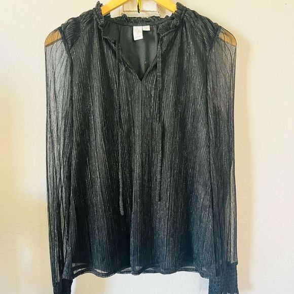 Joie blouse NWOT L black metallic split neck blouse with cami liner and sheer sl - Picture 7 of 7
